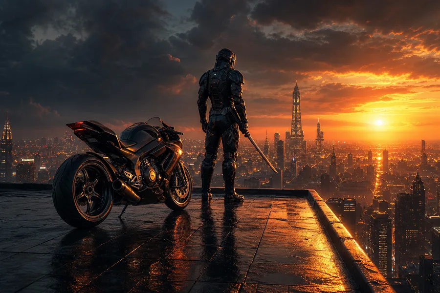 Cyber Samurai Standing On Skyscraper Motorcycles Wallpaper 5 4K