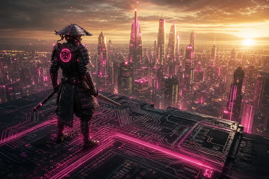 Cyber Samurai Standing On Skyscraper Pcb-Design Wallpaper  5 4K