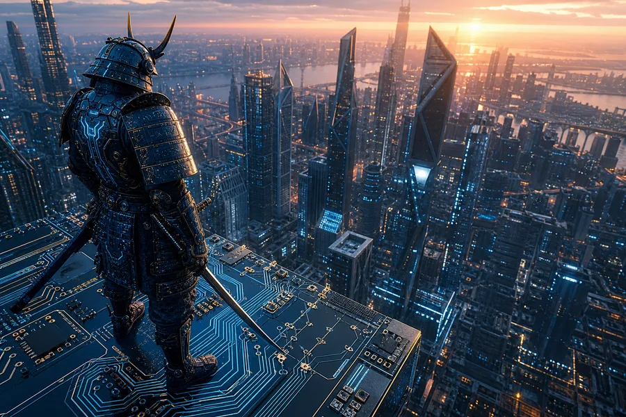 Cyber Samurai Standing On Skyscraper Pcb-Design Wallpaper  5 4K