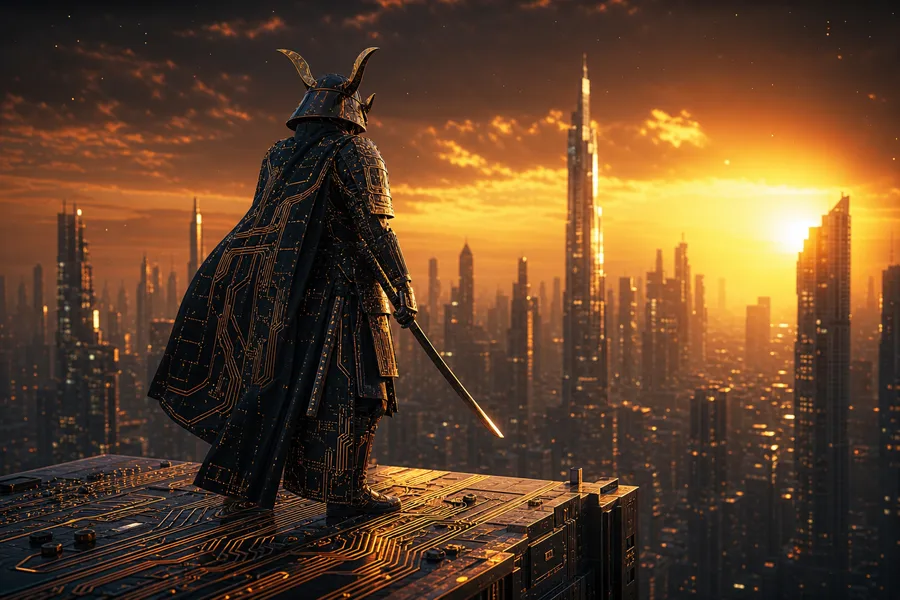 Cyber Samurai Standing On Skyscraper Pcb-Design Wallpaper  5 4K