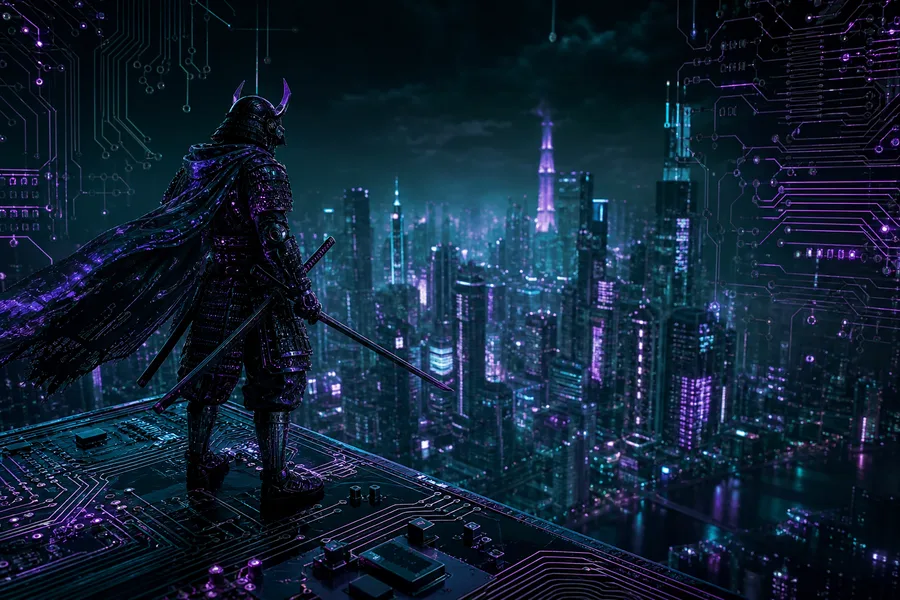 Cyber Samurai Standing On Skyscraper Pcb-Design Wallpaper 5 4K 2