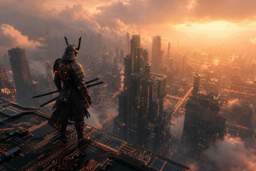 Cyber Samurai Standing On Skyscraper Pcb-Design Wallpaper 5 4K 3
