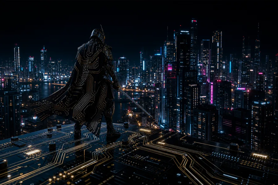 Cyber Samurai Standing On Skyscraper Pcb-Design Wallpaper 5 4K 6