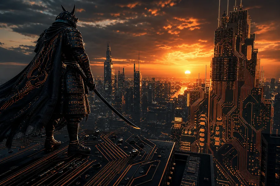 Cyber Samurai Standing On Skyscraper Pcb-Design Wallpaper 5 4K 7
