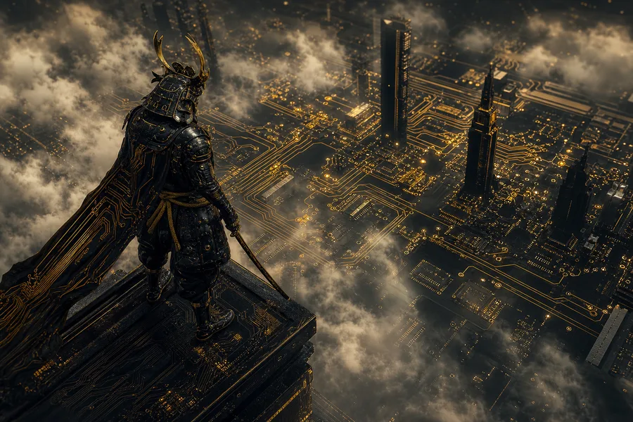 Cyber Samurai Standing On Skyscraper Pcb-Design Wallpaper  5 4K