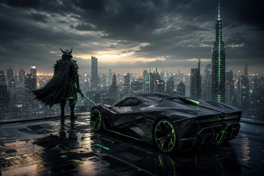 Cyber Samurai Standing On Skyscraper Supercars Wallpaper  5 4K