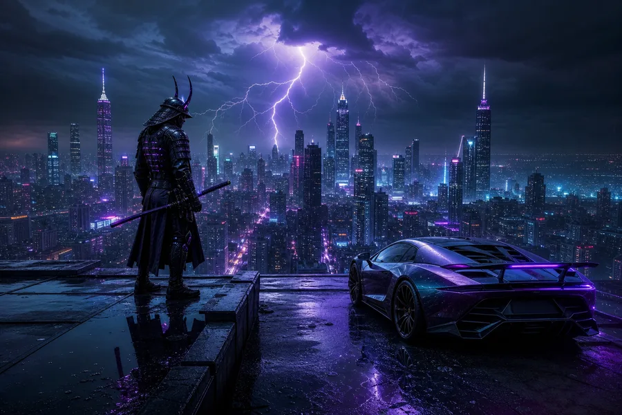 Cyber Samurai Standing On Skyscraper Supercars Wallpaper 5 4K 2