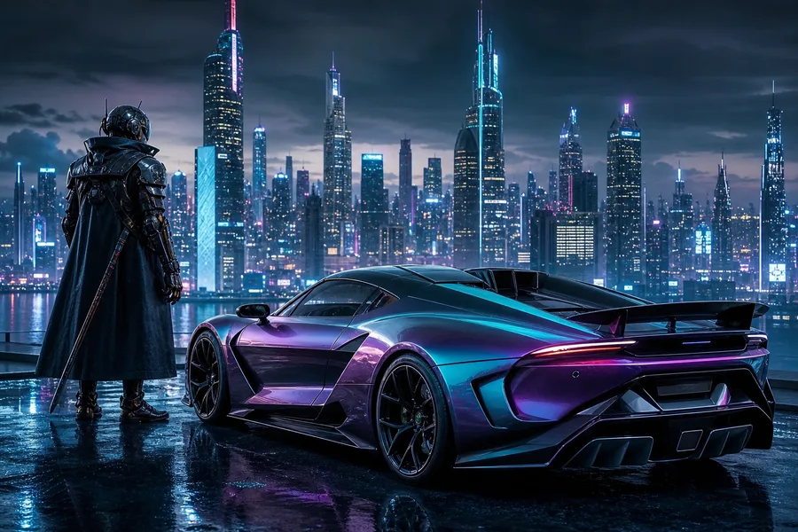 Cyber Samurai Standing On Skyscraper Supercars Wallpaper 5 4K 5