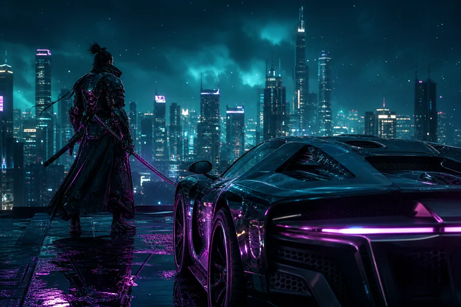 Cyber Samurai Standing On Skyscraper Supercars Wallpaper 5 4K 6