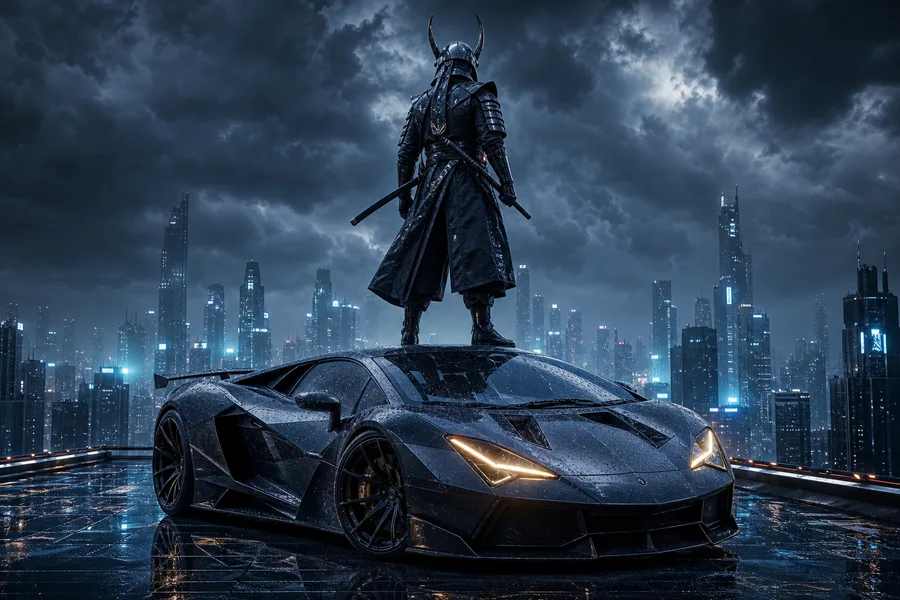 Cyber Samurai Standing On Skyscraper Supercars Wallpaper  5 4K