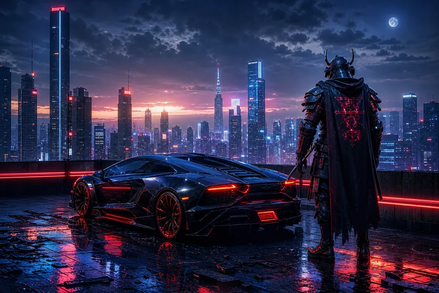 Cyber Samurai Standing On Skyscraper Supercars Wallpaper 5 4K