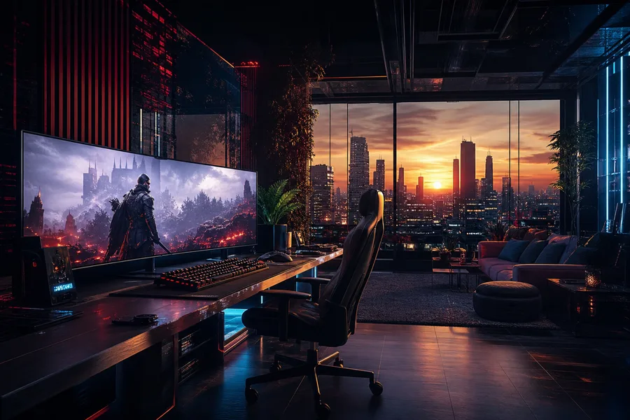 Cyberpunk Gaming Room With Ultrawide Monitor Gaming Wallpaper 4 4K 14