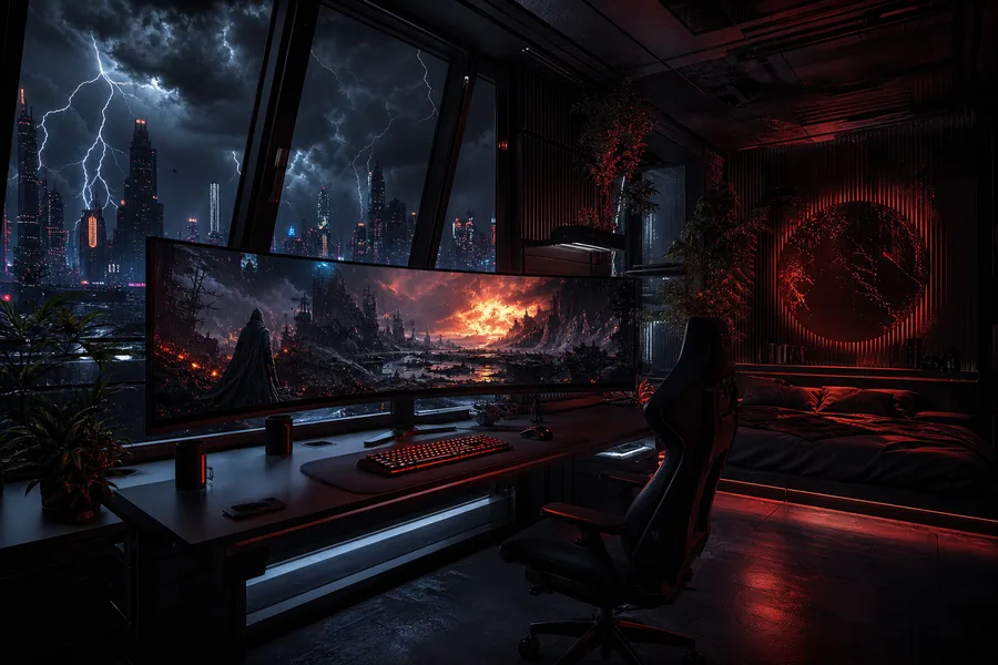 Cyberpunk Gaming Room With Ultrawide Monitor Gaming Wallpaper  4 4K
