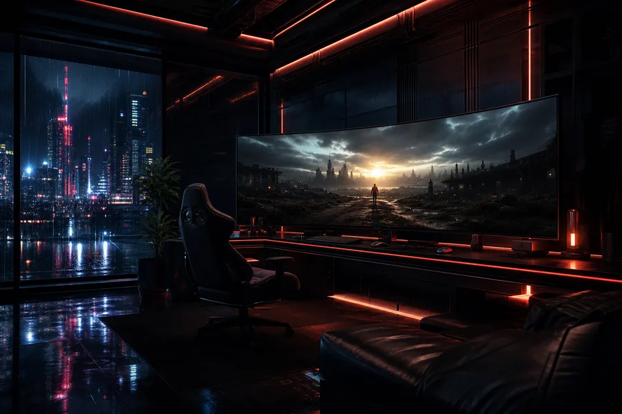 Cyberpunk Gaming Room With Ultrawide Monitor Gaming Wallpaper 4 4K 2