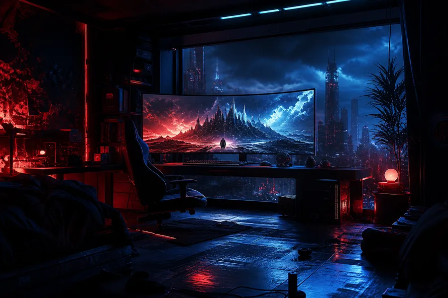 Cyberpunk Gaming Room With Ultrawide Monitor Gaming Wallpaper 4 4K 3