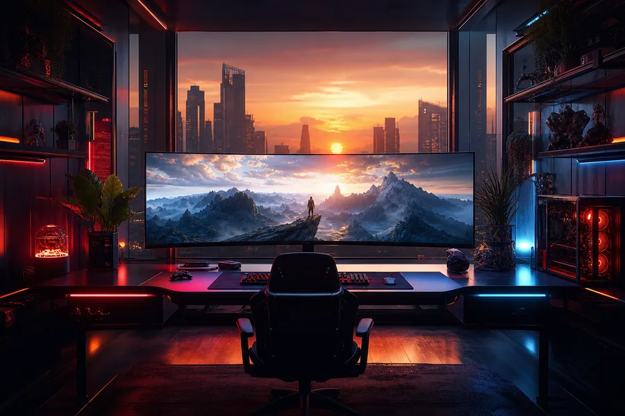 Cyberpunk Gaming Room With Ultrawide Monitor Gaming Wallpaper 4 4K 8