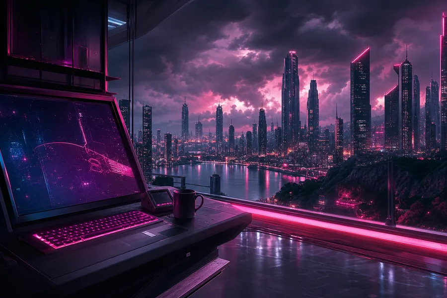 Cyberpunk Hacker Room With Neon Screens Architecture Wallpaper  3 4K