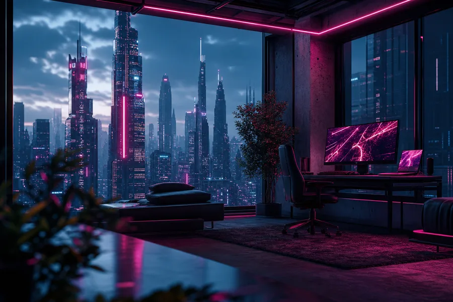 Cyberpunk Hacker Room With Neon Screens Architecture Wallpaper 3 4K 4