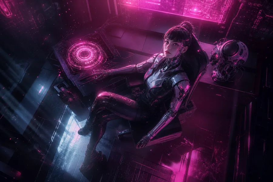 Cyberpunk Hacker Room With Neon Screens Female-Androids Wallpaper  3 4K