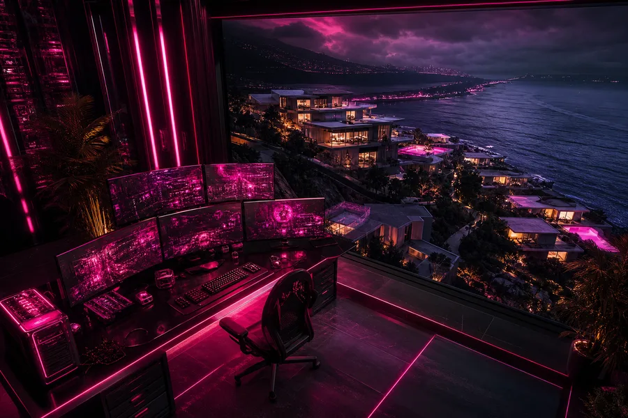 Cyberpunk Hacker Room With Neon Screens Luxury-Villas Wallpaper  3 4K
