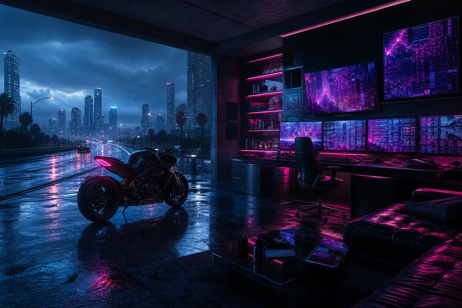 Cyberpunk Hacker Room With Neon Screens Motorcycles Wallpaper  3 4K
