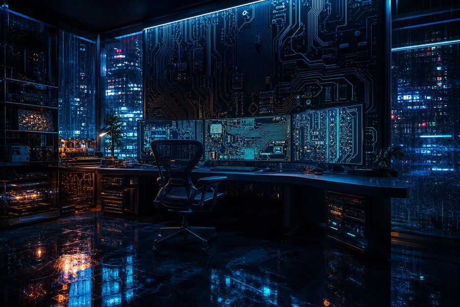 Cyberpunk Hacker Room With Neon Screens Pcb-Design Wallpaper  3 4K