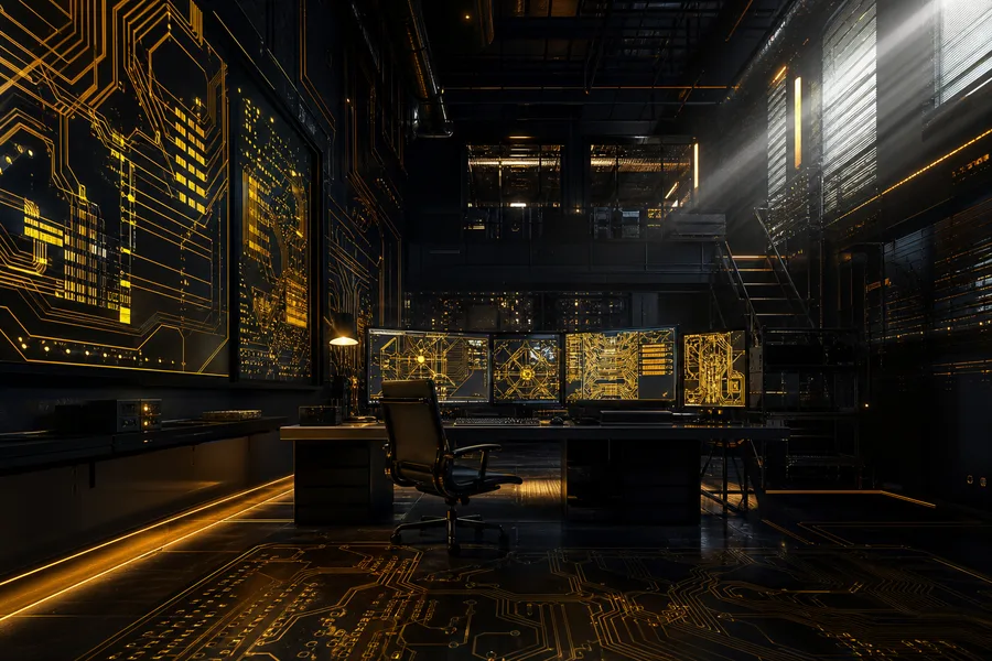 Cyberpunk Hacker Room With Neon Screens Pcb-Design Wallpaper  3 4K