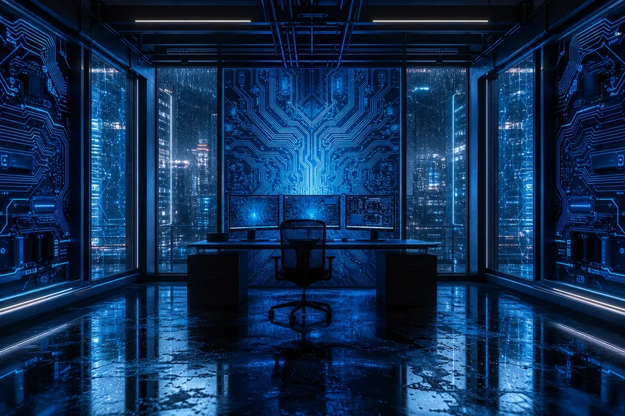 Cyberpunk Hacker Room With Neon Screens Pcb-Design Wallpaper  3 4K