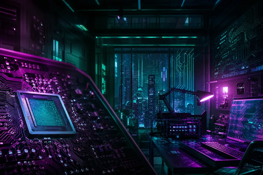 Cyberpunk Hacker Room With Neon Screens Pcb-Design Wallpaper 3 4K 5