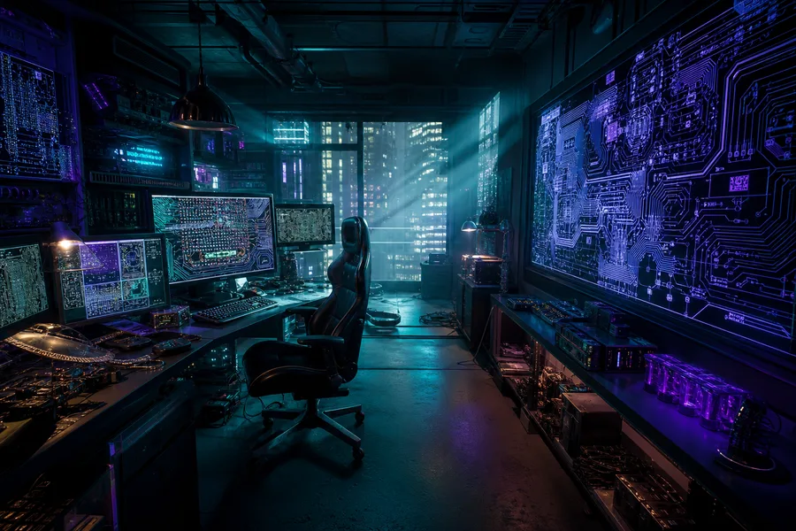 Cyberpunk Hacker Room With Neon Screens Pcb-Design Wallpaper 3 4K 7