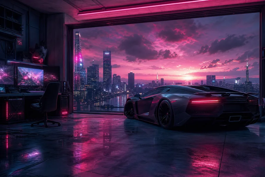 Cyberpunk Hacker Room With Neon Screens Supercars Wallpaper  3 4K