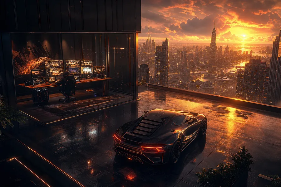 Cyberpunk Hacker Room With Neon Screens Supercars Wallpaper 3 4K 2