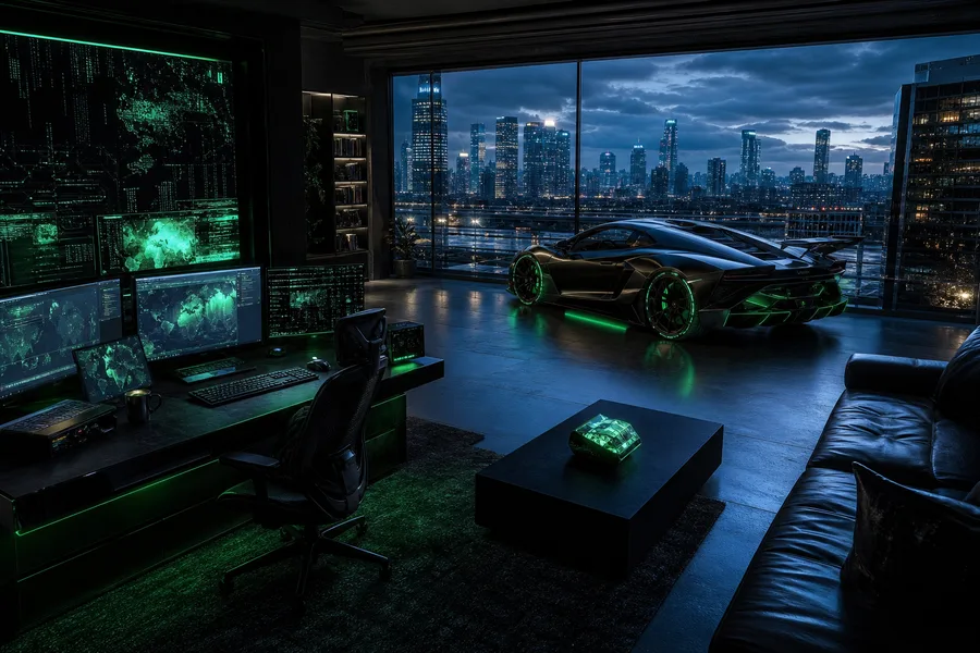 Cyberpunk Hacker Room With Neon Screens Supercars Wallpaper 3 4K 4