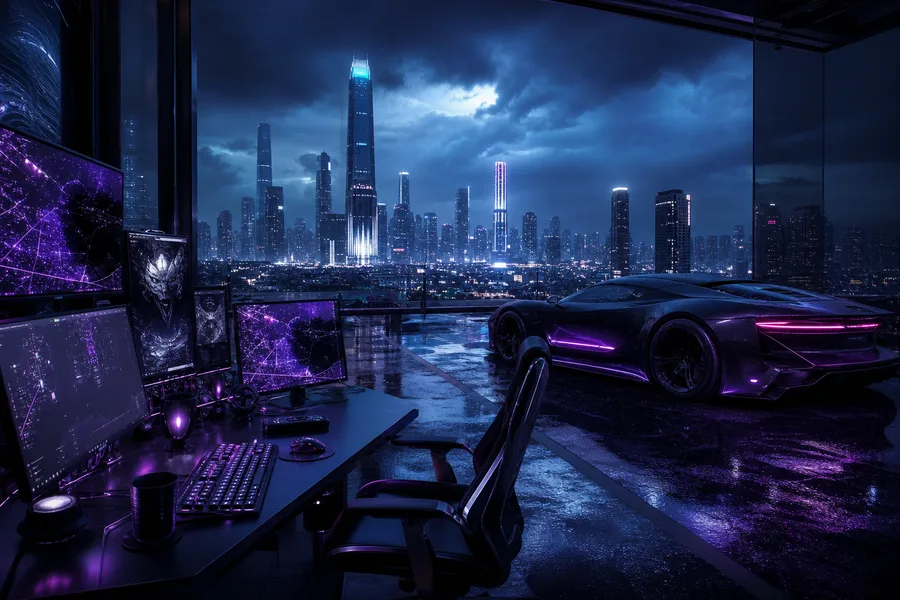 Cyberpunk Hacker Room With Neon Screens Supercars Wallpaper 3 4K 5