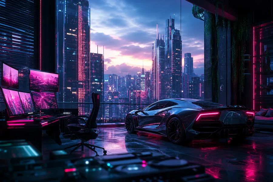 Cyberpunk Hacker Room With Neon Screens Supercars Wallpaper 3 4K 6