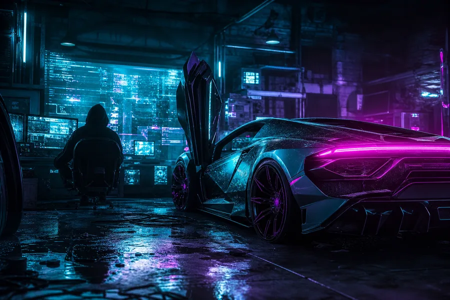 Cyberpunk Hacker Room With Neon Screens Supercars Wallpaper 3 4K 7