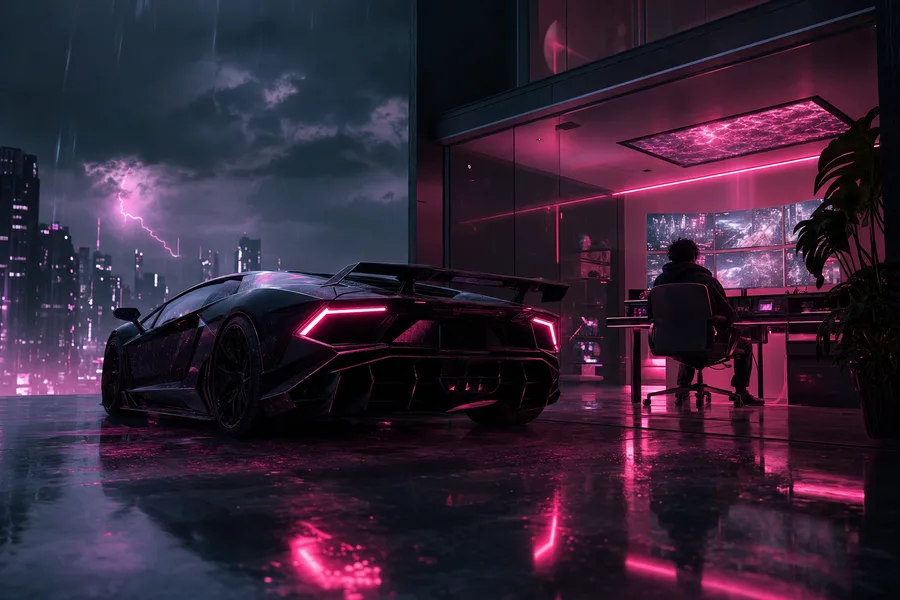 Cyberpunk Hacker Room With Neon Screens Supercars Wallpaper  3 4K