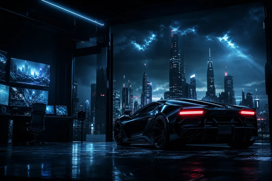 Cyberpunk Hacker Room With Neon Screens Supercars Wallpaper 3 4K