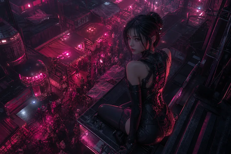 Dark Cyberpunk Market Street Ai-Girls Wallpaper 8 4K 2