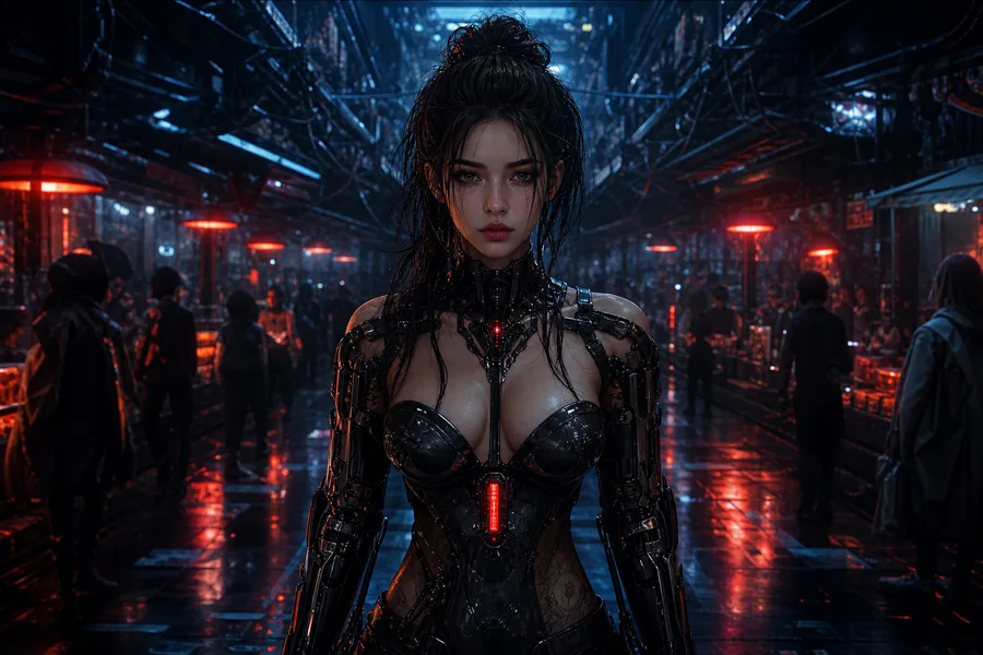 Dark Cyberpunk Market Street Ai-Girls Wallpaper 8 4K 4