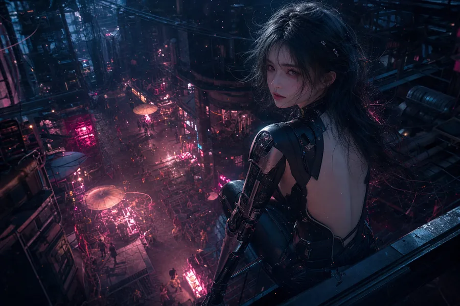 Dark Cyberpunk Market Street Ai-Girls Wallpaper 8 4K