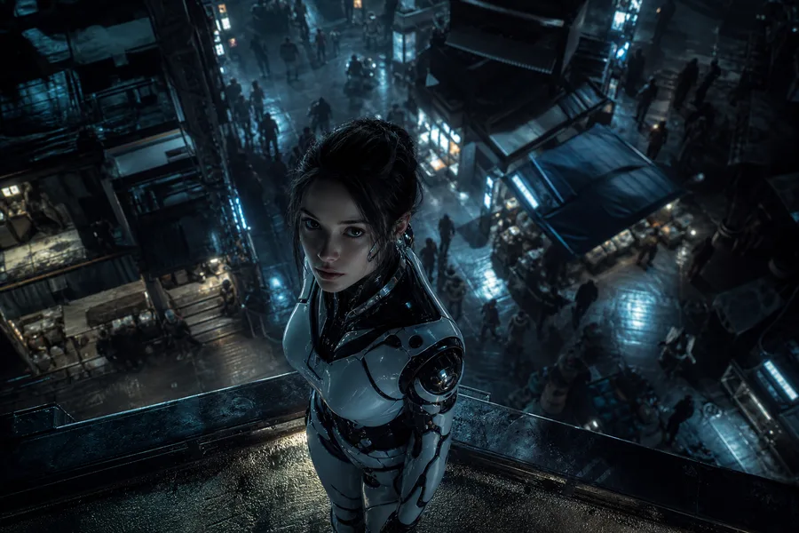 Dark Cyberpunk Market Street Female-Androids Wallpaper  8 4K