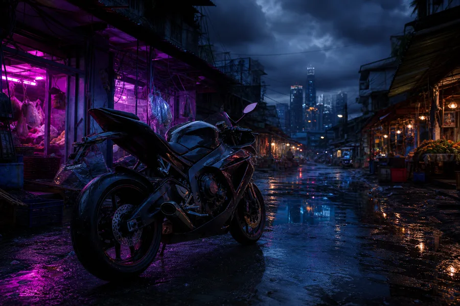 Dark Cyberpunk Market Street Motorcycles Wallpaper 8 4K 4