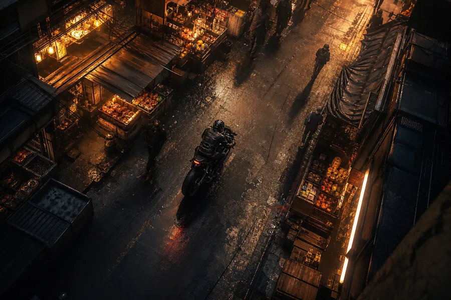 Dark Cyberpunk Market Street Motorcycles Wallpaper 8 4K 5