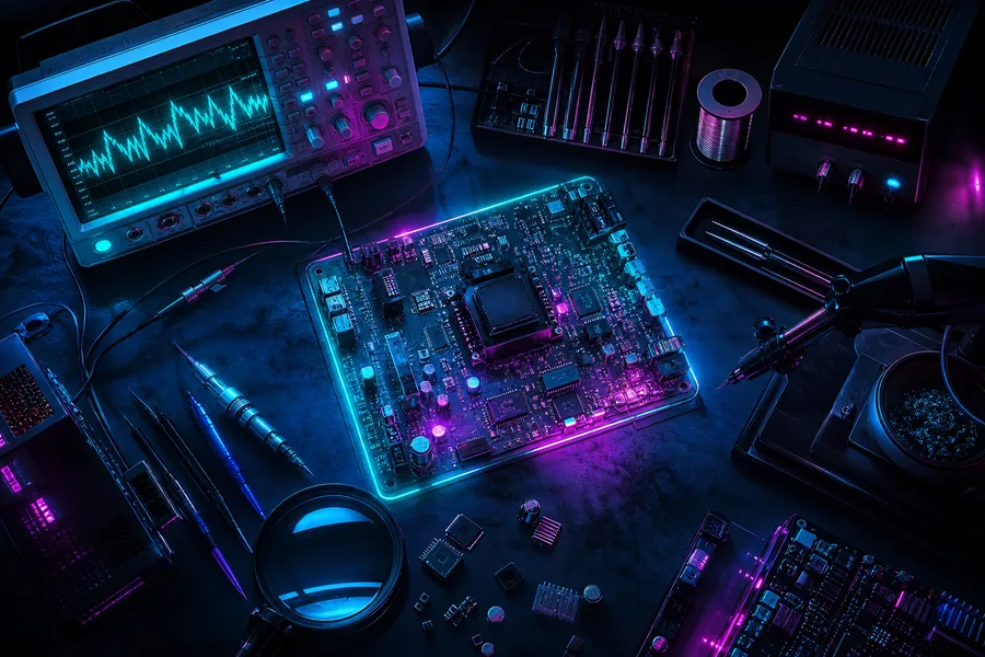 Electronics Lab With Oscilloscope And Neon Lights Electronics Wallpaper 3 4K 13