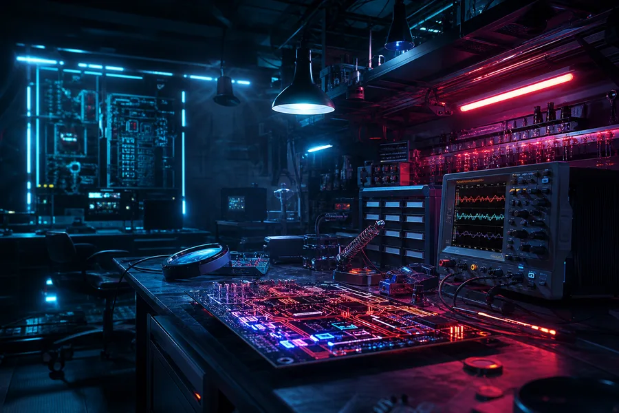 Electronics Lab With Oscilloscope And Neon Lights Electronics Wallpaper  3 4K
