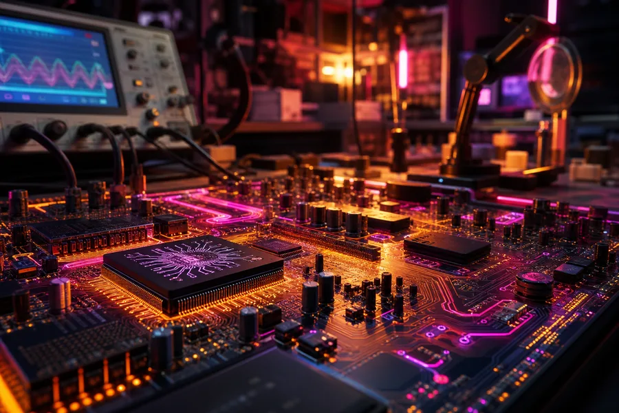 Electronics Lab With Oscilloscope And Neon Lights Electronics Wallpaper 3 4K 8