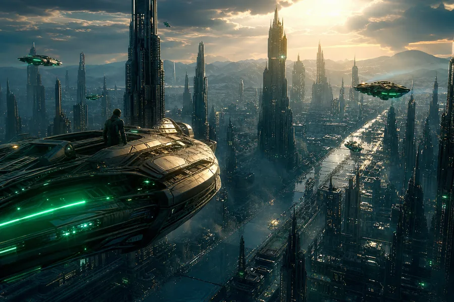 Epic Science Fiction City With Flying Vehicles Cinematic Style Movie Wallpaper 1 4K 5