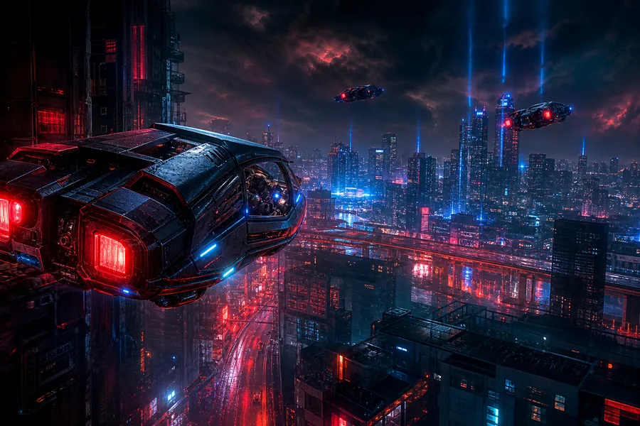 Flying Cars Above Neon Downtown Cyberpunk Wallpaper 13 4K 5