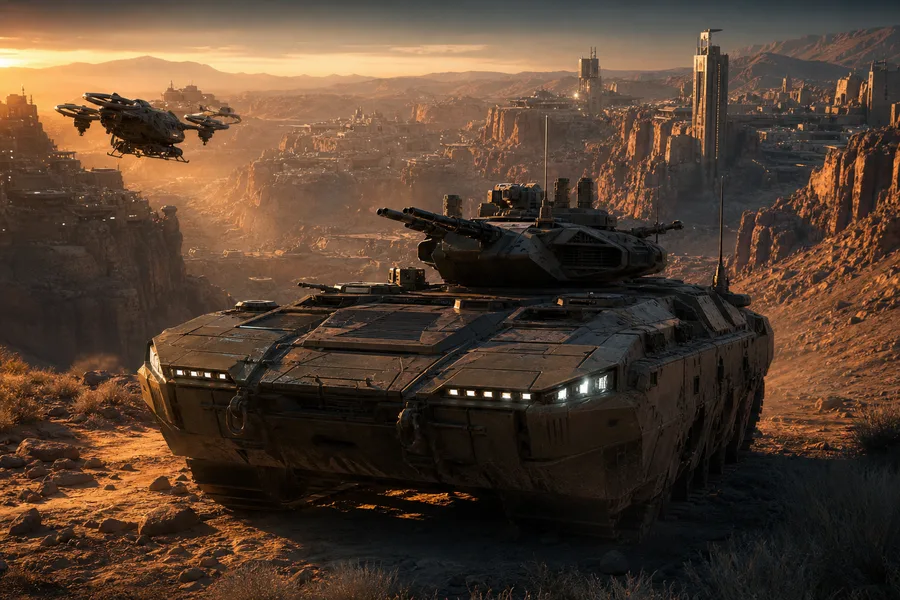 Futuristic Armored Vehicle In Desert Military Wallpaper 1 4K 3